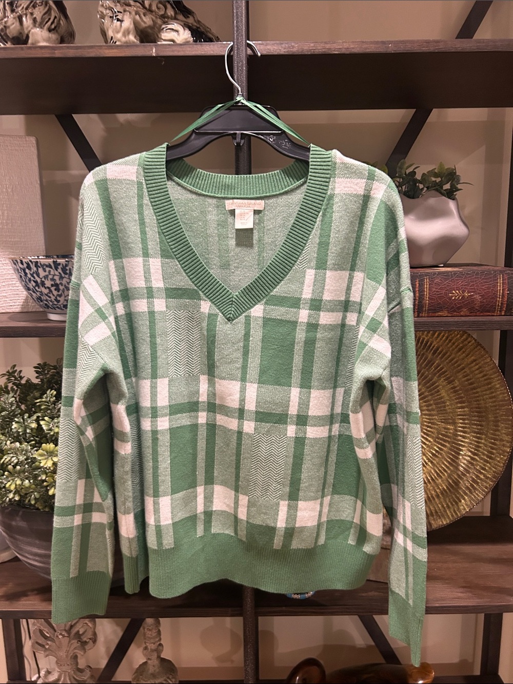 Christian Siriano Green and White Plaid V-Neck Sweater - Women’s NWOT